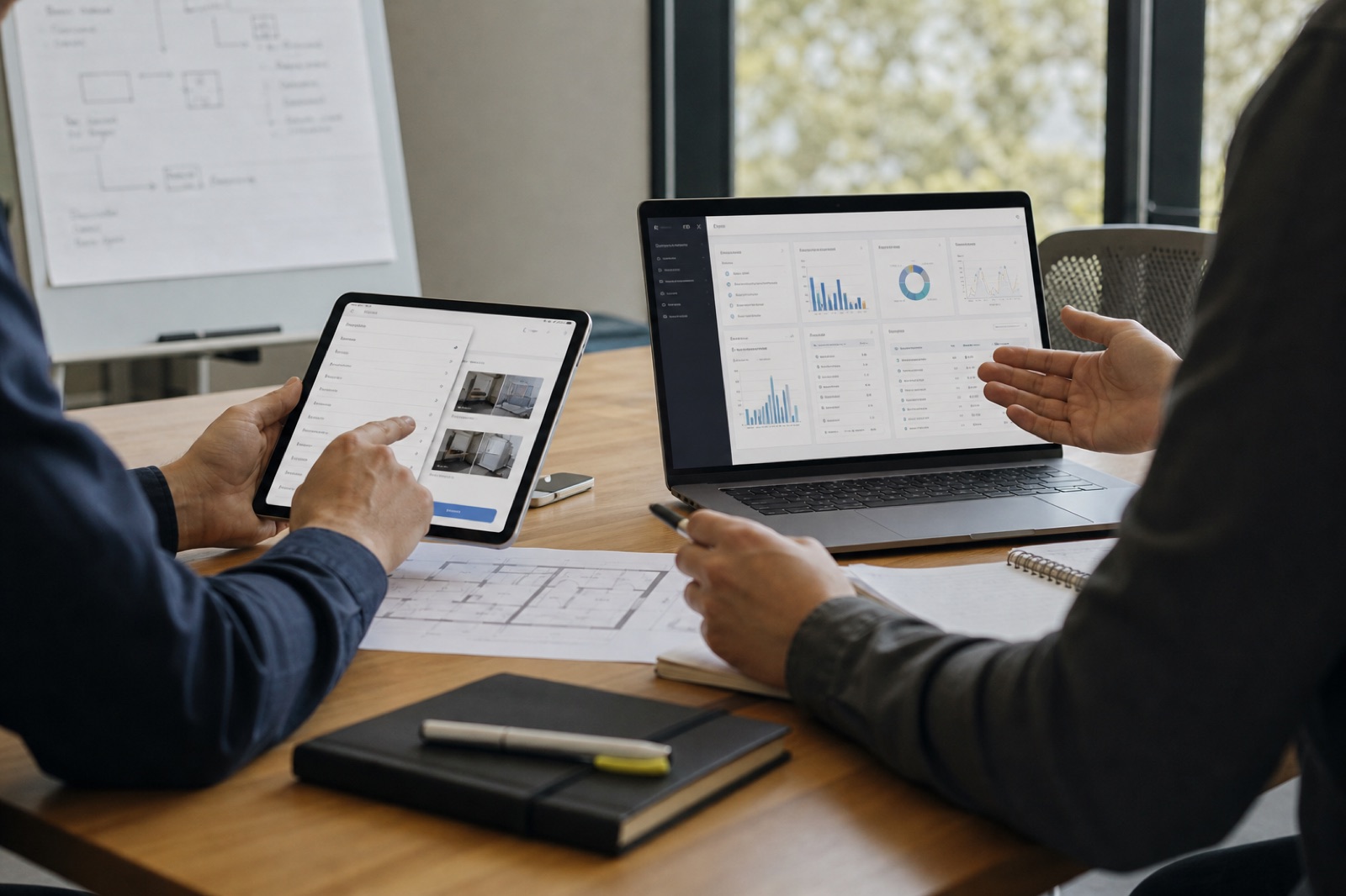 Facilities team comparing a simple tablet workflow with a larger cloud dashboard